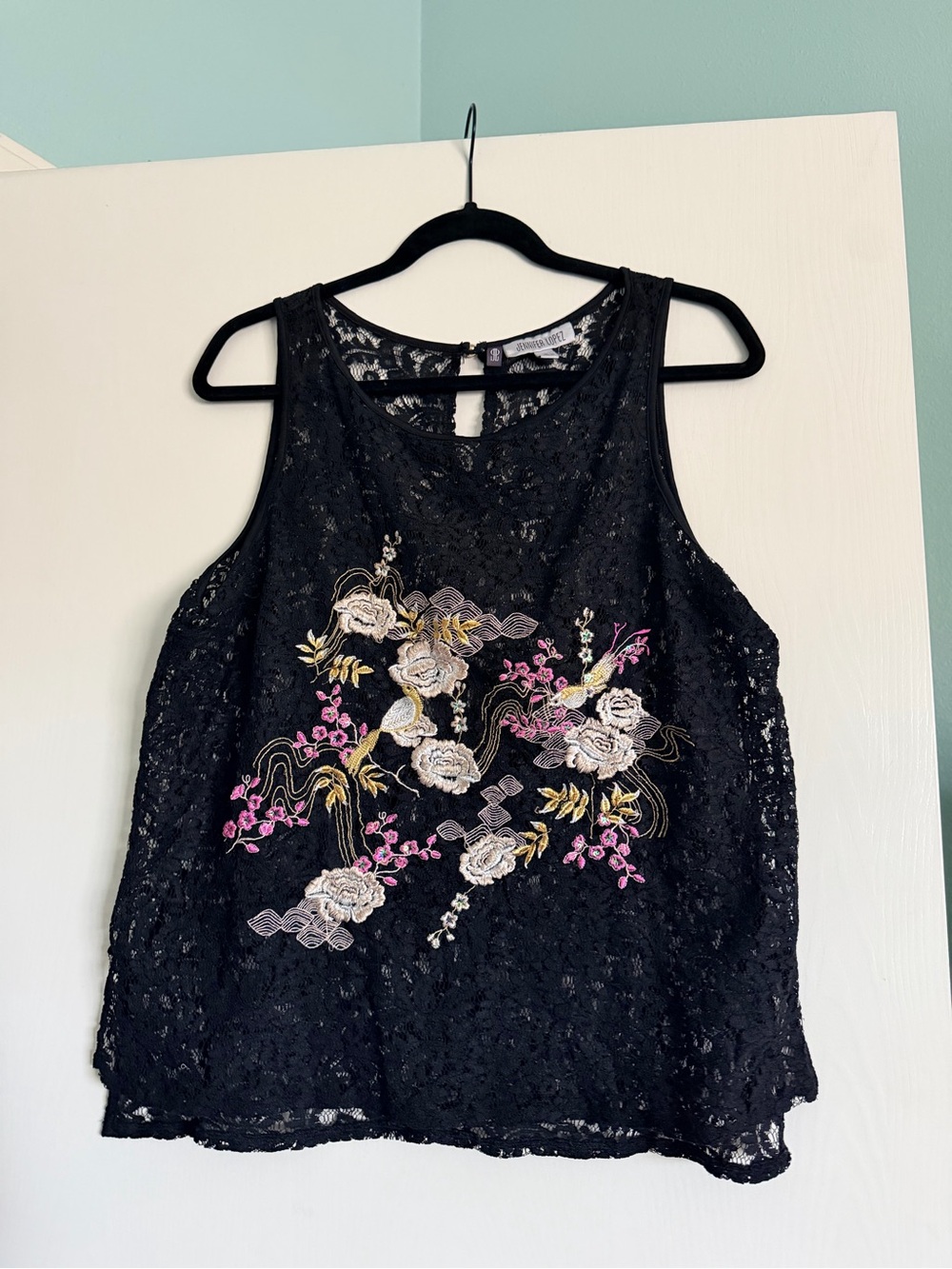 Jennifer Lopez Black Lace Embroidered Floral Sequin Top Large EUC